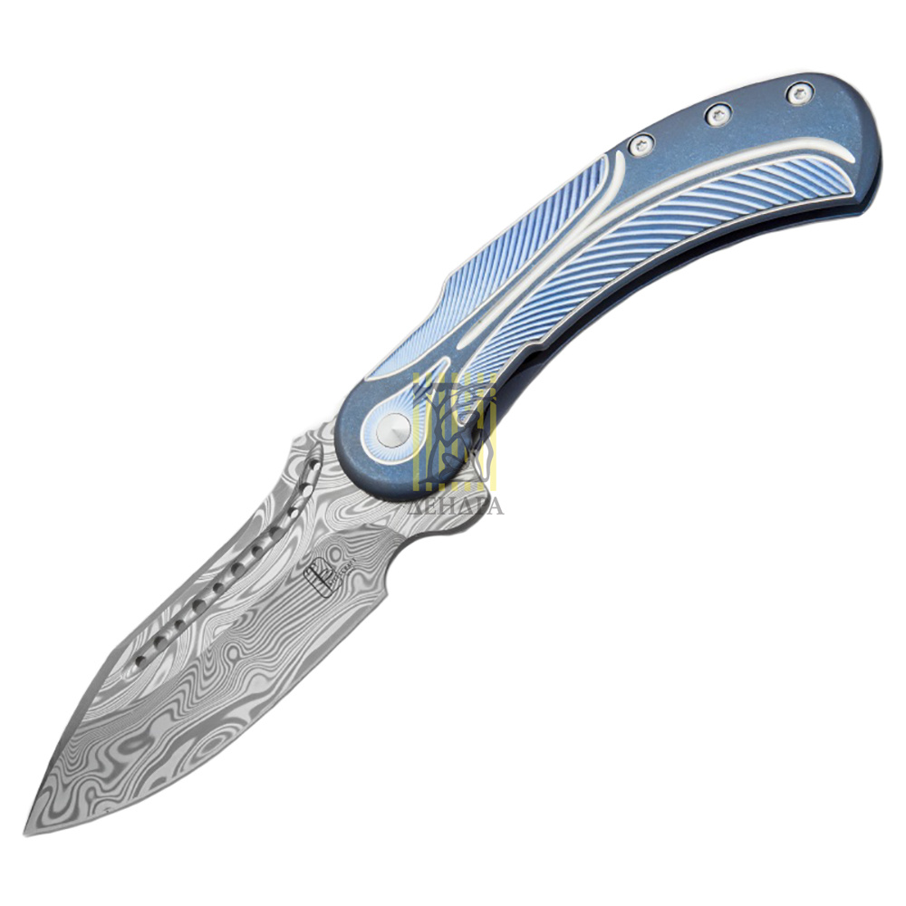 Нож складной Field Marshall, дамасская сталь, длина клинка 4", рукоять титан, цвет синий с серебрист
