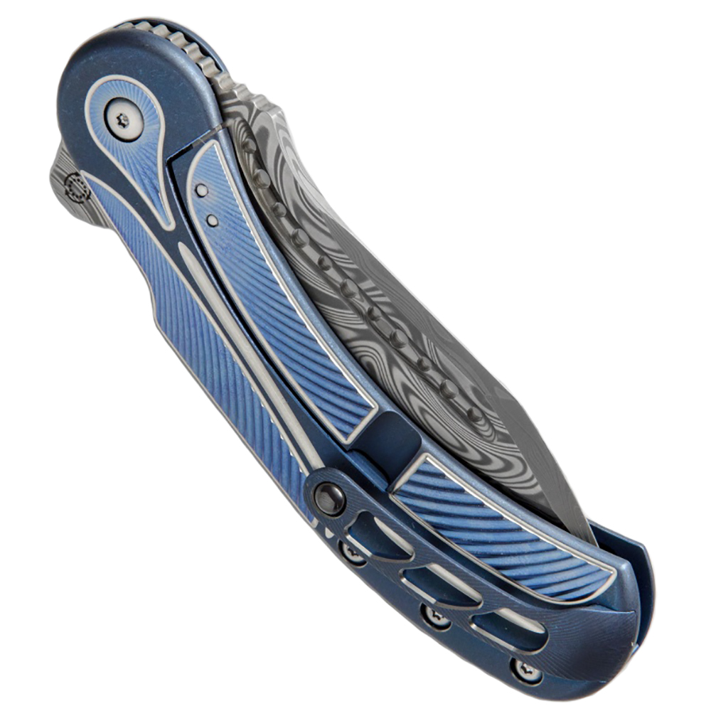 Нож складной Field Marshall, дамасская сталь, длина клинка 4", рукоять титан, цвет синий с серебрист