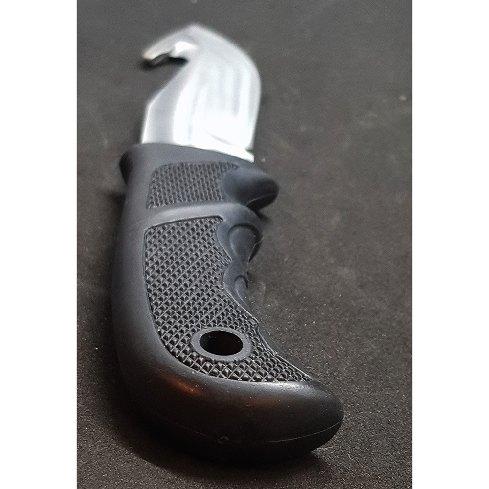 Нож-скиннер "BISONTE", клинок 11 см крюк, рукоять черный пластик, ножны кожа