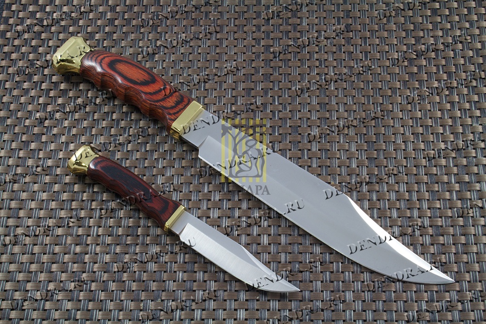Комплект два ножа "BOWIE" с фикс клинком длиной 22 см и 10 см, рукоять красная микарта, ножны кожа