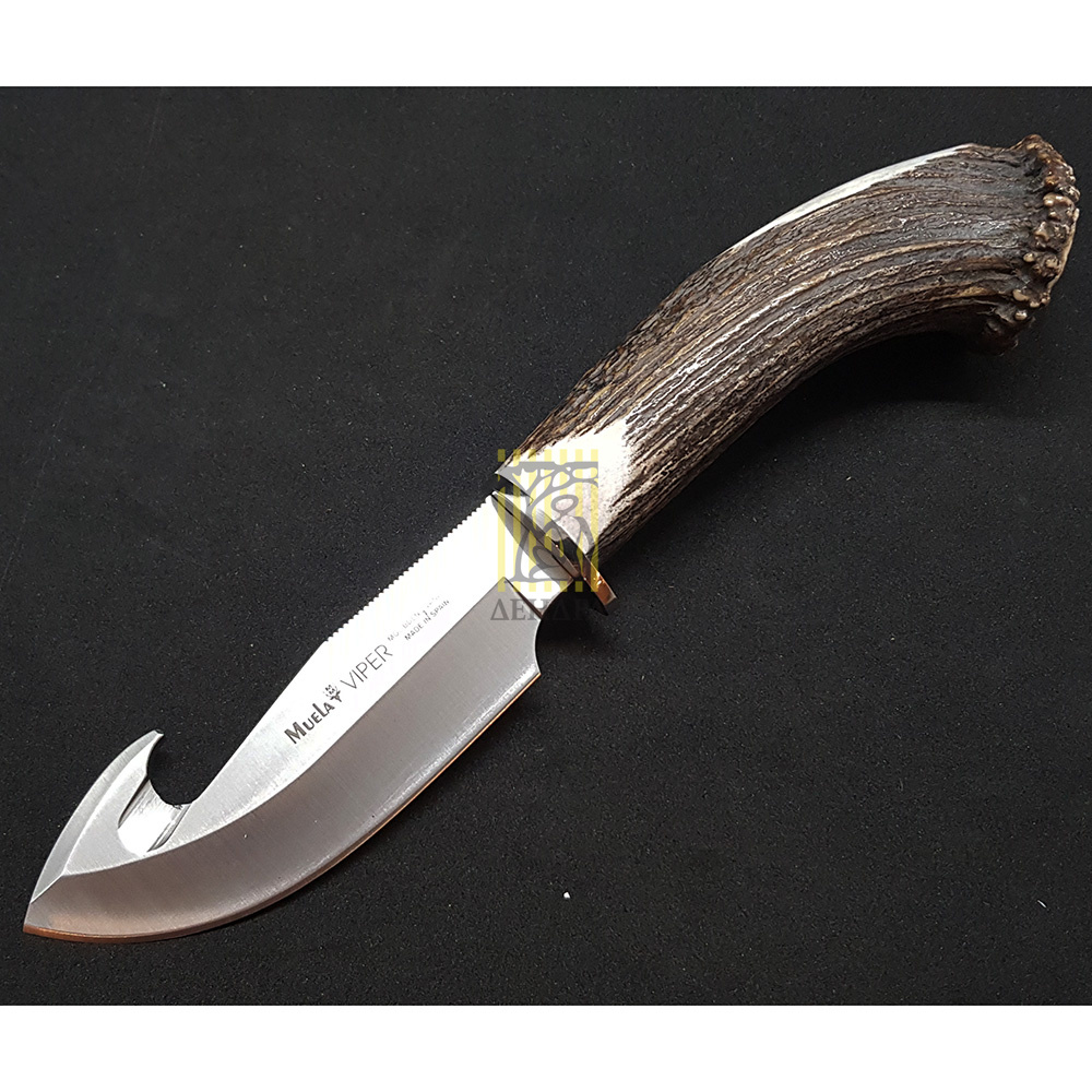 Нож-скиннер "VIPER", клинок 11 см крюк, рукоять рог оленя с кроной, ножны кожа