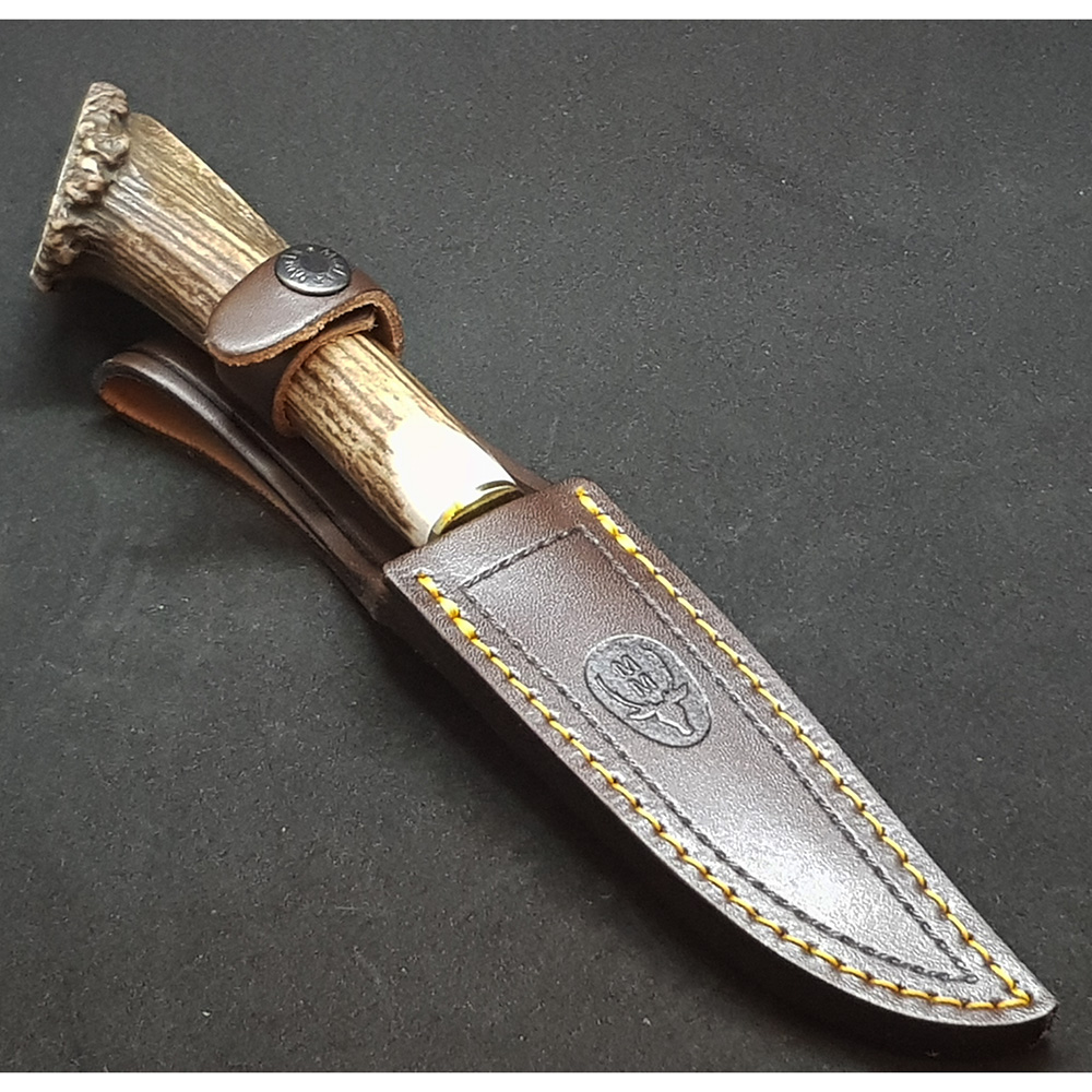 Нож "GRED" с фикс клинком длиной 12 см, рукоять рог оленя с кроной, ножны кожа