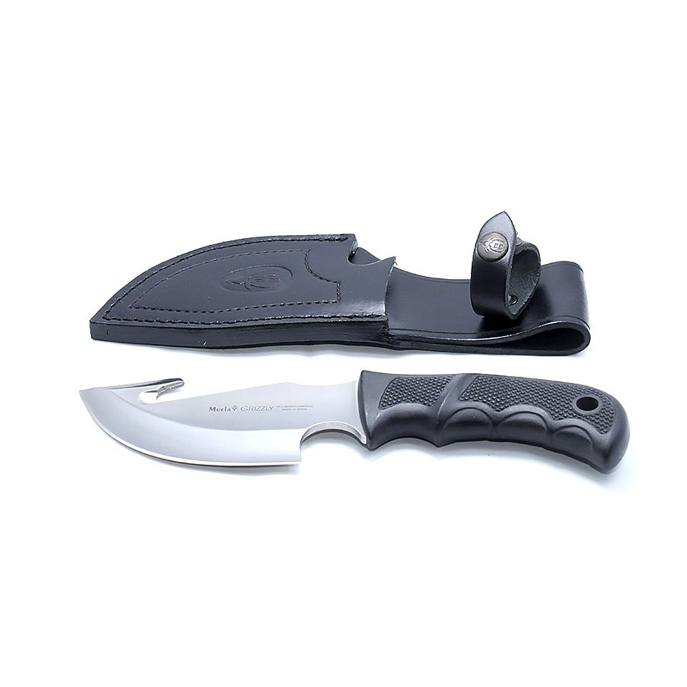 Нож-скиннер "GRIZZLY", клинок 12 см крюк, рукоять черный пластик, ножны кожа