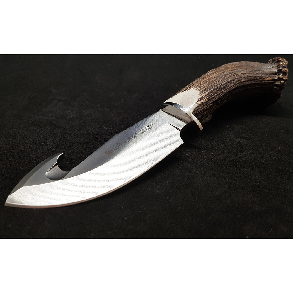 Нож-скиннер "VIPER", клинок 11 см крюк, рукоять рог оленя с кроной, ножны кожа