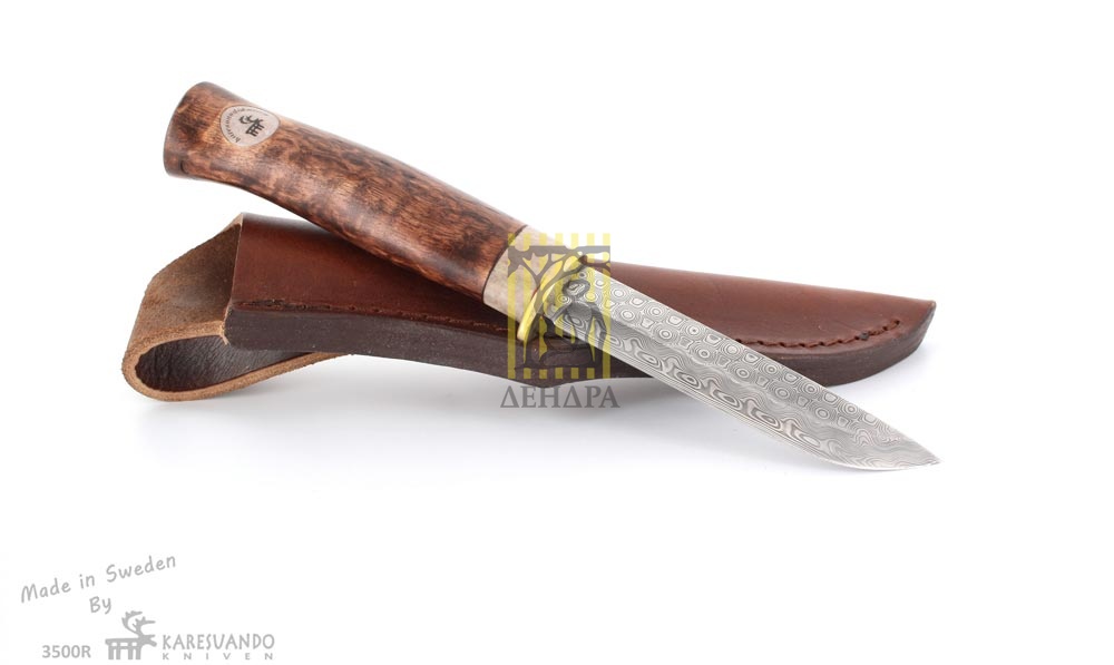 Нож "Beaver Damask", дамасская сталь, рукоять карельская береза и рог оленя, кожаный чехол