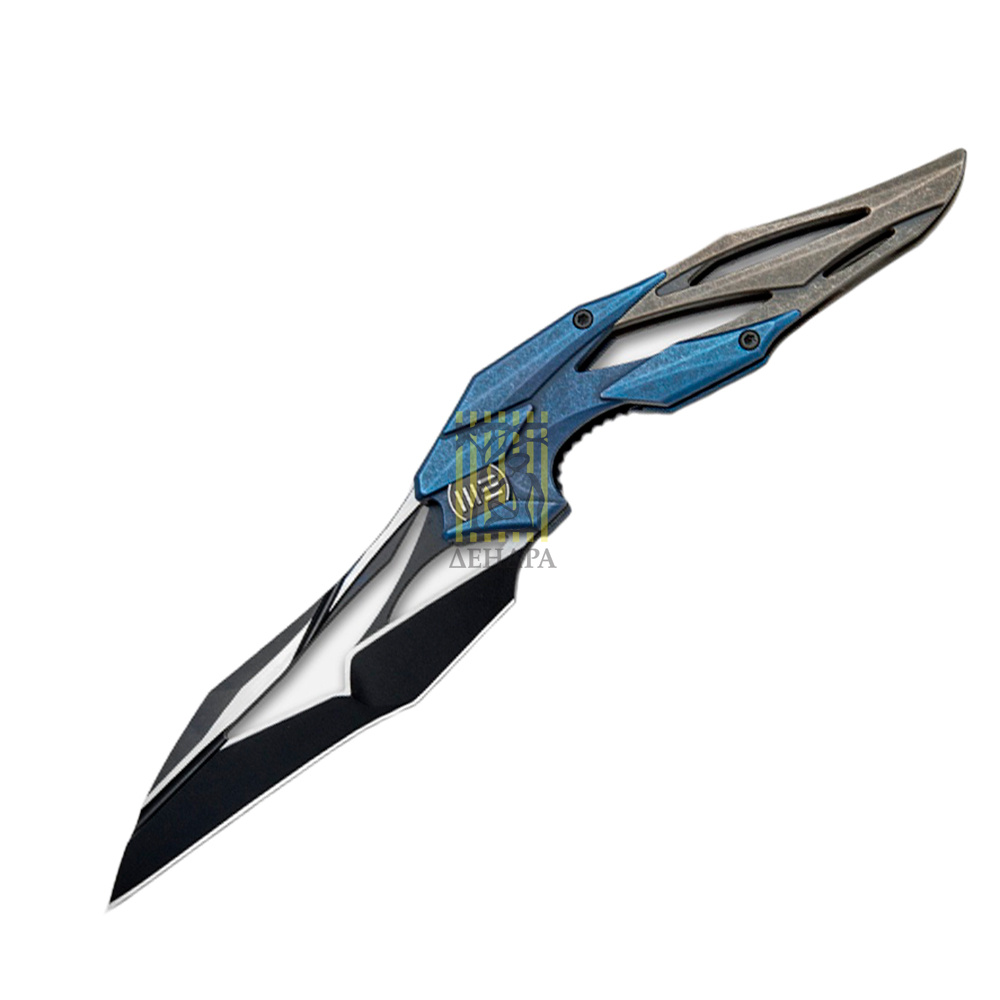 Нож складной, сталь M390, длина клинка 98 мм, рукоять титан, цвет синий с коричневым, клипса, замок