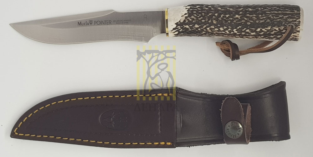 Нож "POINTER" с фикс клинком длиной 13 см, рукоять рог оленя, ножны кожа