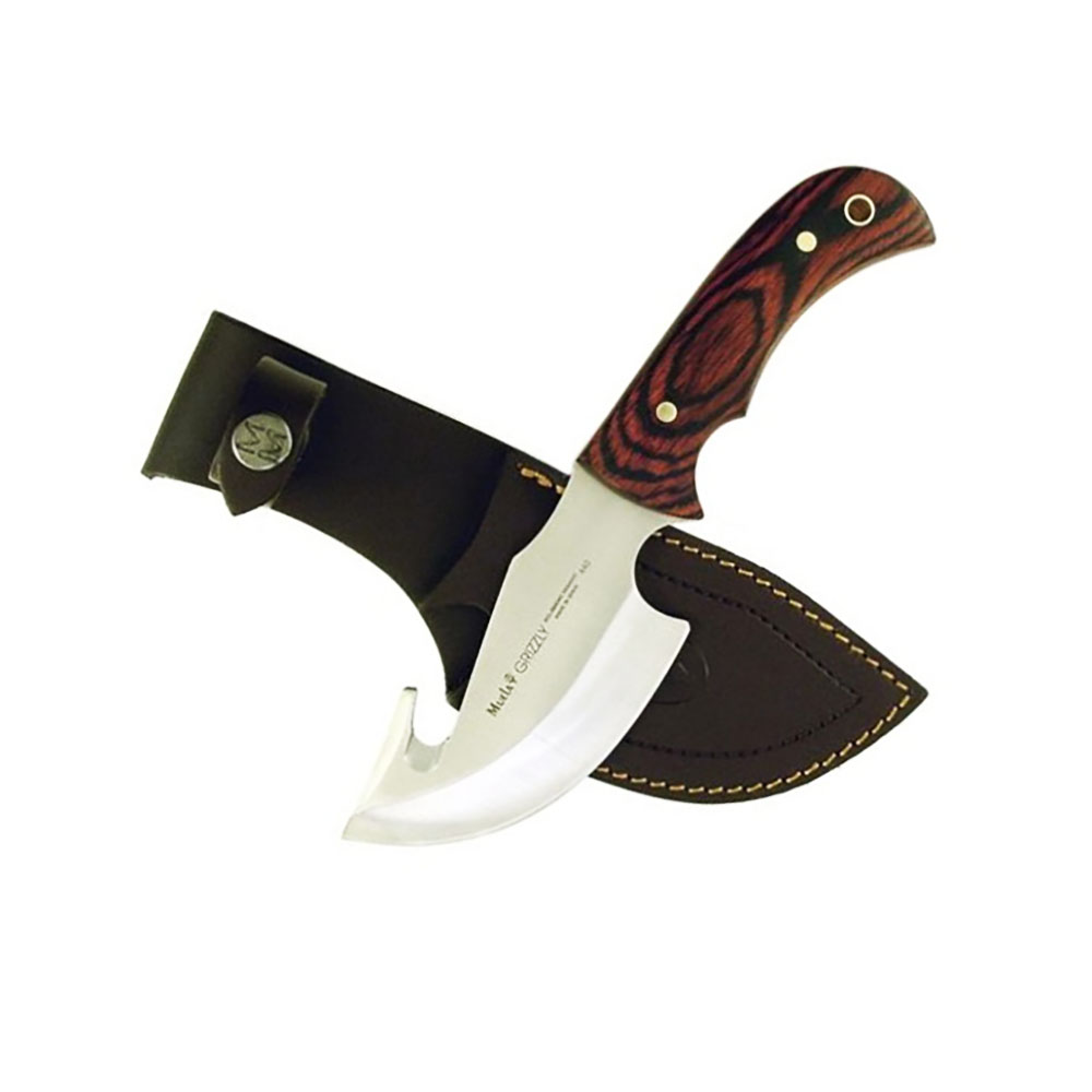 Нож-скиннер "GRIZZLY", клинок 12 см крюк, рукоять красная микарта, ножны кожа