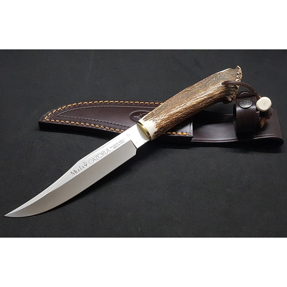 Нож "CAZ" с фикс клинком длиной 16 см, рукоять рог оленя с кроной, ножны кожа