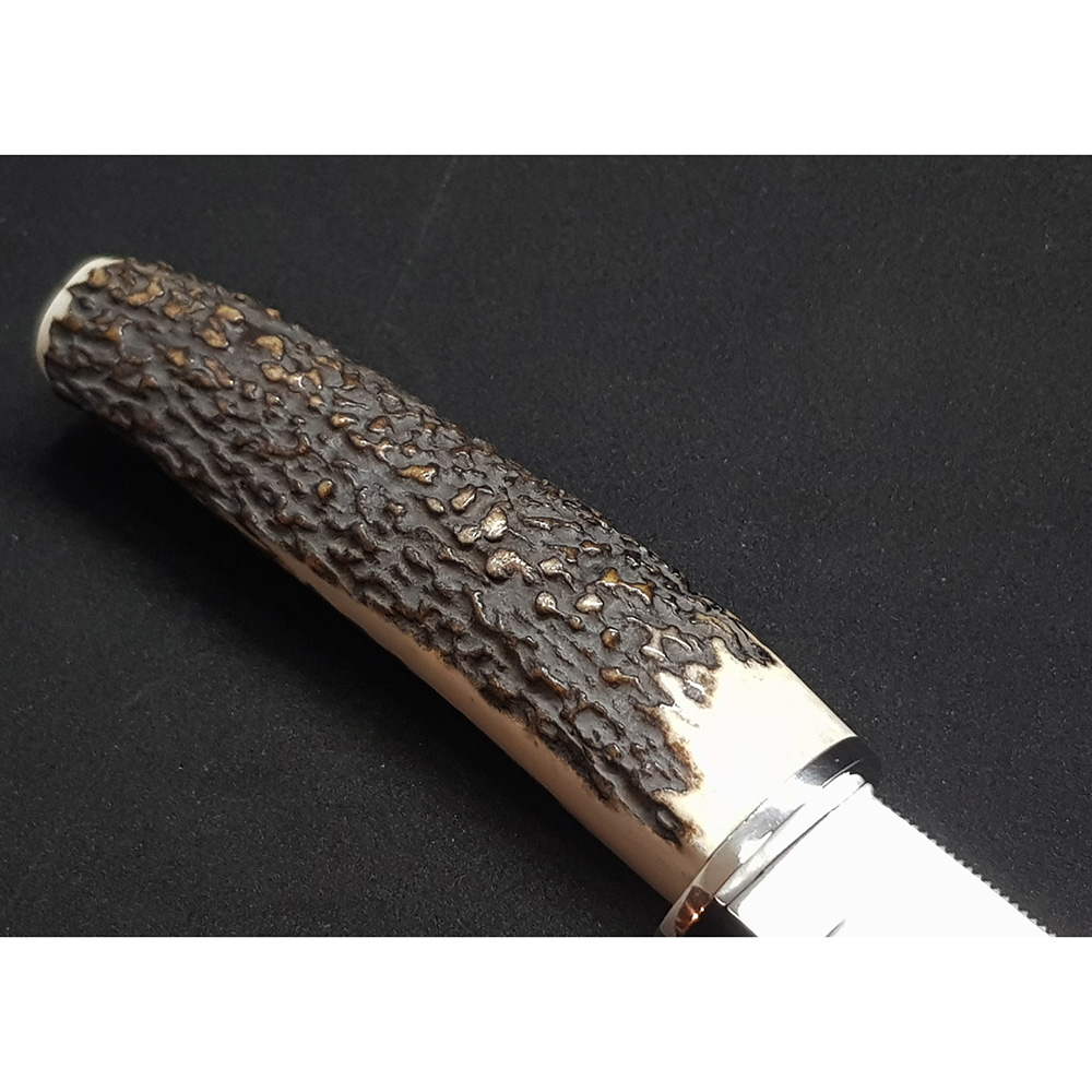 Нож-скиннер "VIPER", клинок 11 см крюк, рукоять рог оленя, ножны кожа