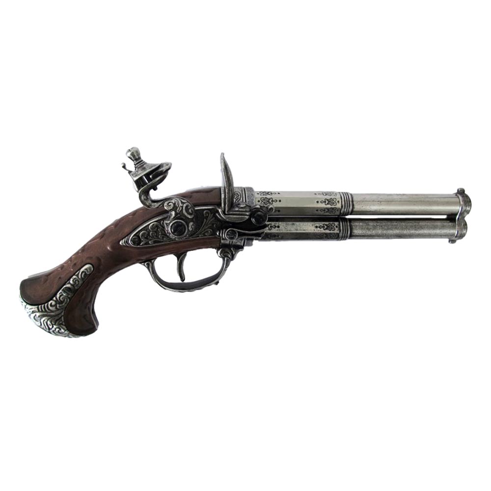 Пистолет кремневый двуствольный, репродукция с кремневым замком, из дерева и металла с имитацией гра