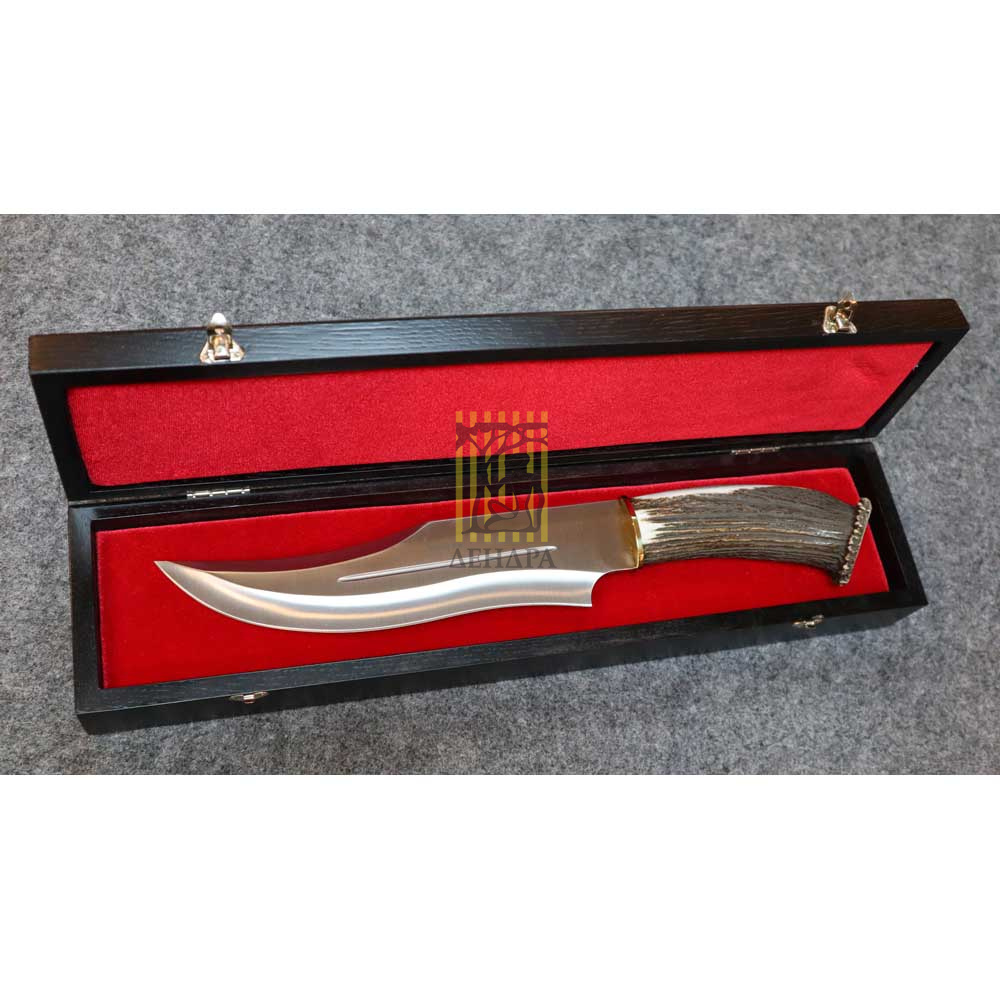 Нож "LOBO" с фикс.клинком длиной 23 см, рукоять рог оленя с кроной, ножны кожа, подарочная упаковка