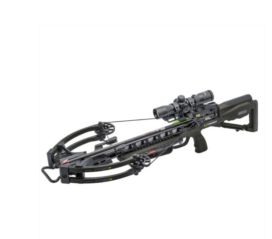 Арбалет блочный TenPoint Turbo X, скорость 415 fps (126 м/с), ширина 13"/9,5" (33/24 см),  длина 33,25" (84,5 см), вес 3 кг, комплектация прицел прицел RangeMaster 100, кивер, 3 карбоновые стрелы 3 Pro Elite 400, цвет зеленый