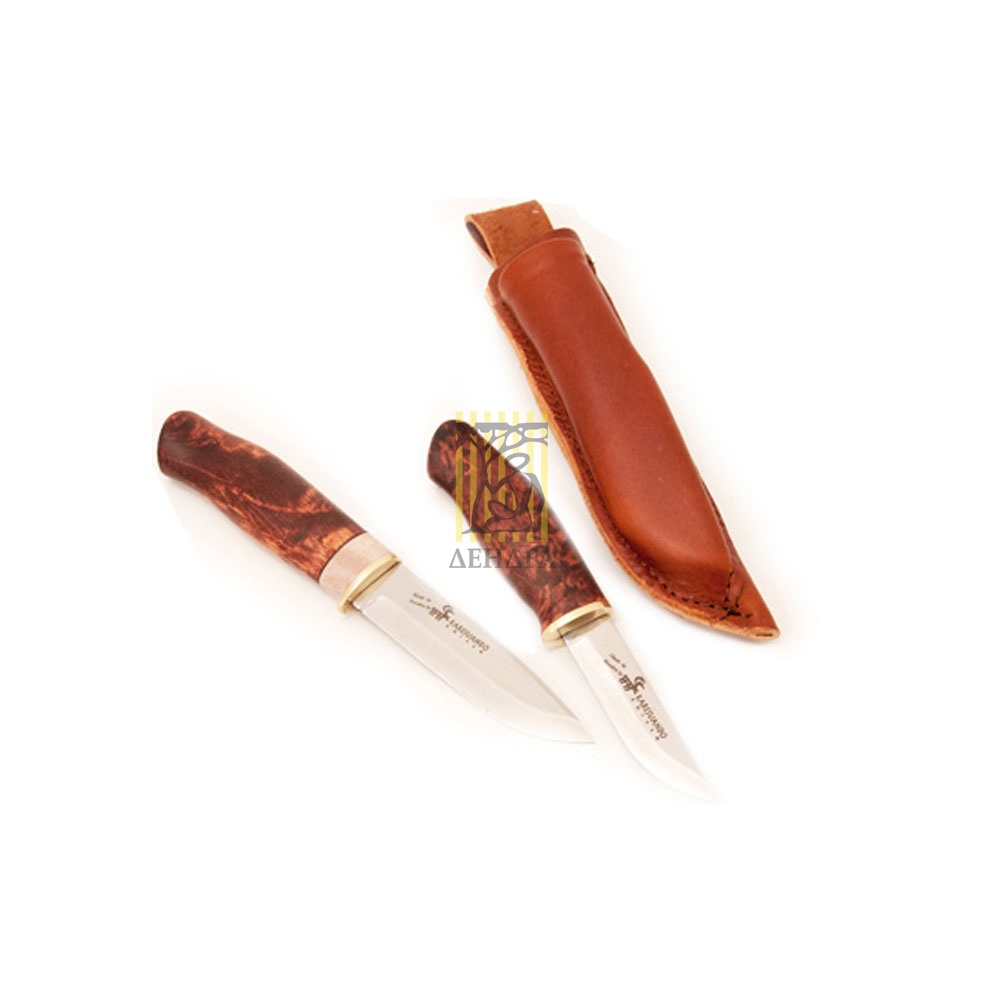 Нож "Rasto Dubbleknife", рукоять карельская береза и рог оленя, кожаный чехол