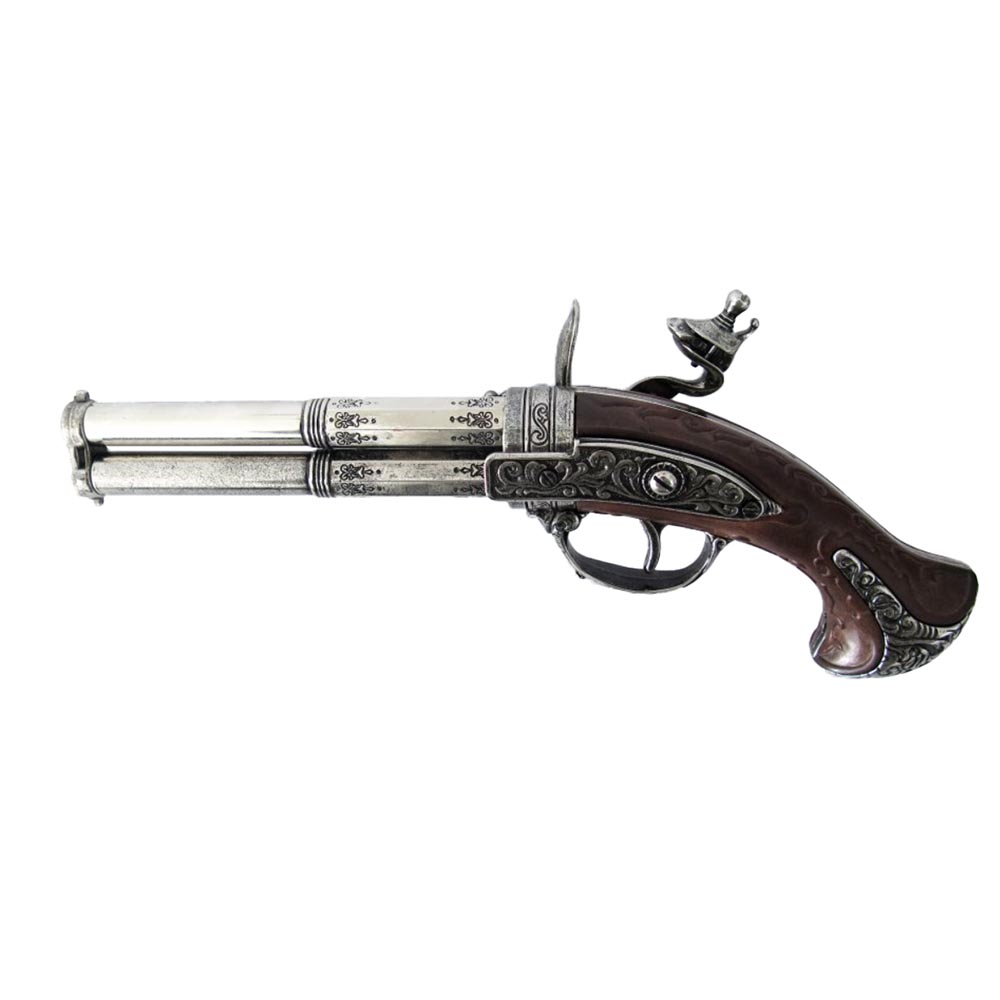 Пистолет кремневый двуствольный, репродукция с кремневым замком, из дерева и металла с имитацией гра