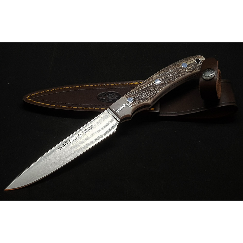 Нож "CRIOLLO" с фикс клинком длиной 14 см, рукоять рог оленя, ножны кожа