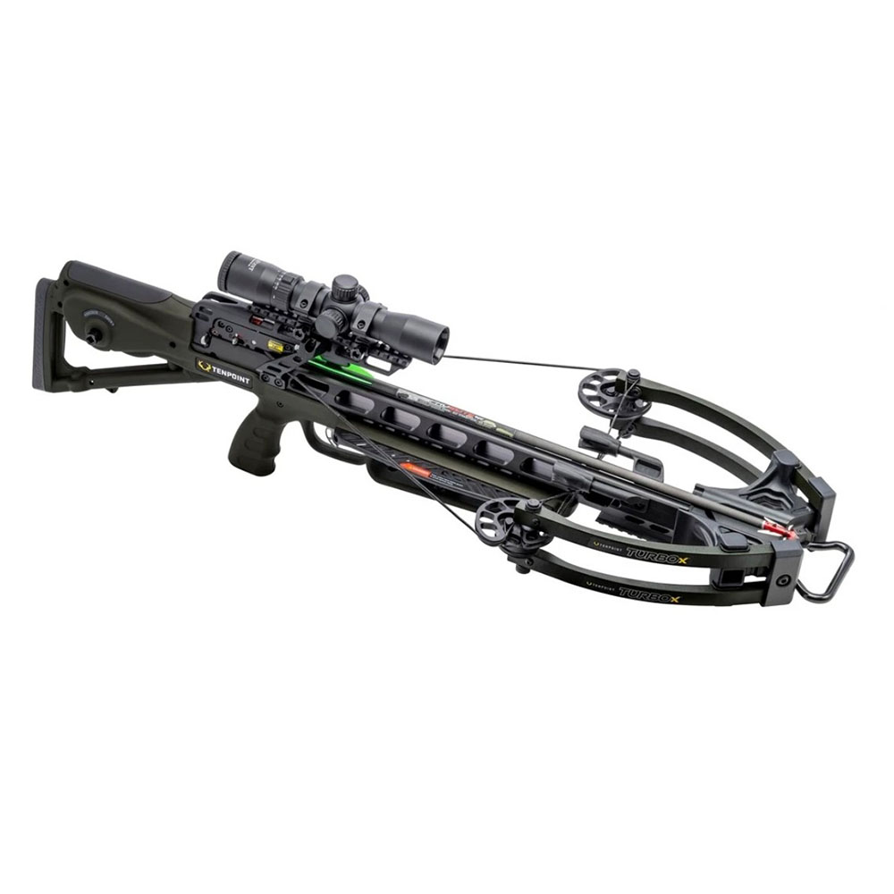 Арбалет блочный TenPoint Turbo X, скорость 415 fps (126 м/с), ширина 13"/9,5" (33/24 см),  длина 33,25" (84,5 см), вес 3 кг, комплектация прицел прицел RangeMaster 100, кивер, 3 карбоновые стрелы 3 Pro Elite 400, цвет зеленый