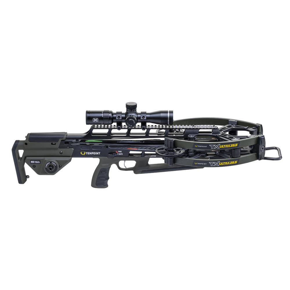 Блочный арбалет TenPoint TX Ultra 29.5, длина 29,5", ширина 11/6,5", ход тетивы 13,5", вес 8 фунтов, скорость 460 fps, цвет зеленый