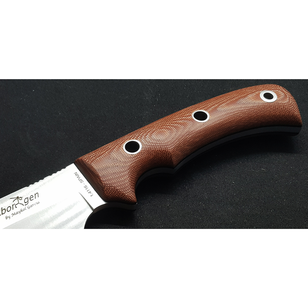 Нож "ABORIGEN" с фикс клинком длиной 12 см, рукоять бежевая микарта (canvas-micarta), ножны кожа