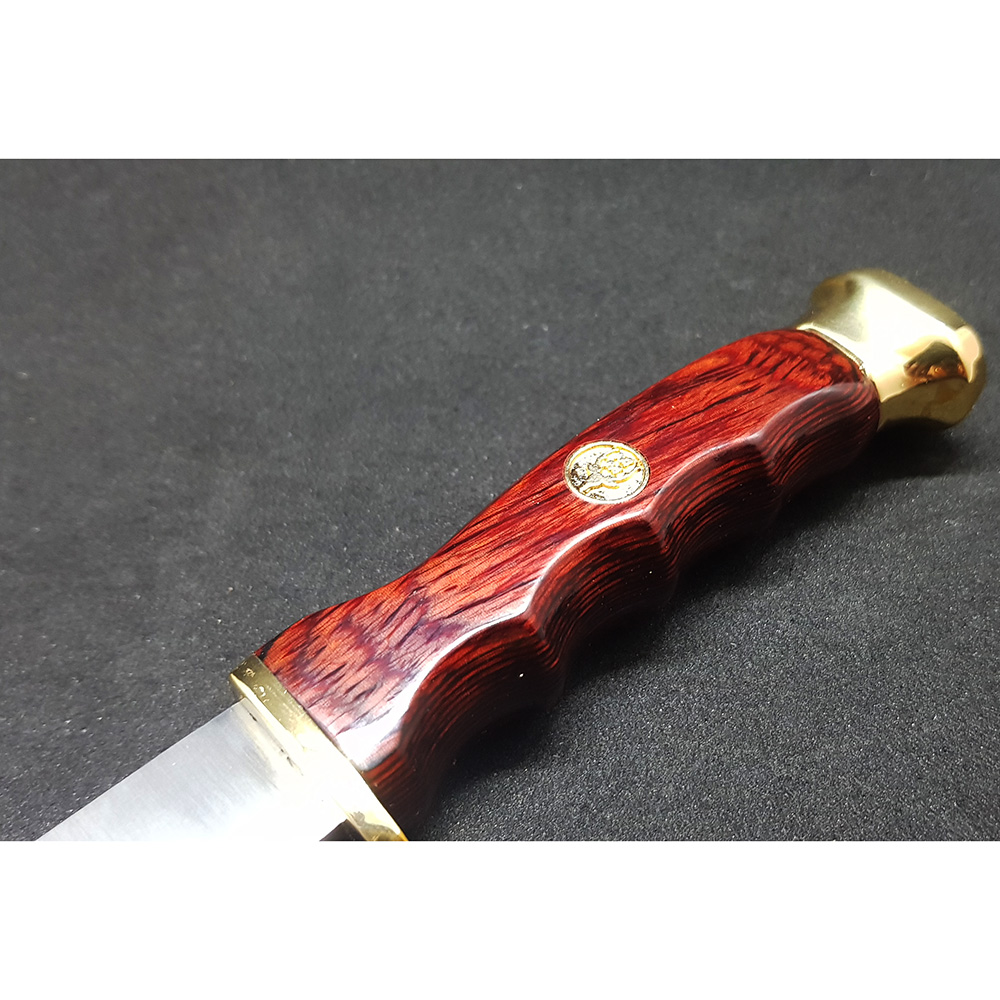 Нож "DP" с фикс клинком длиной 10 см, рукоять красная микарта, ножны кожа