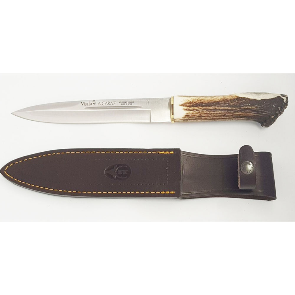 Нож "ALCARAZ" с фикс клинком длиной 19 см, рукоять рог оленя с кроной, ножны кожа
