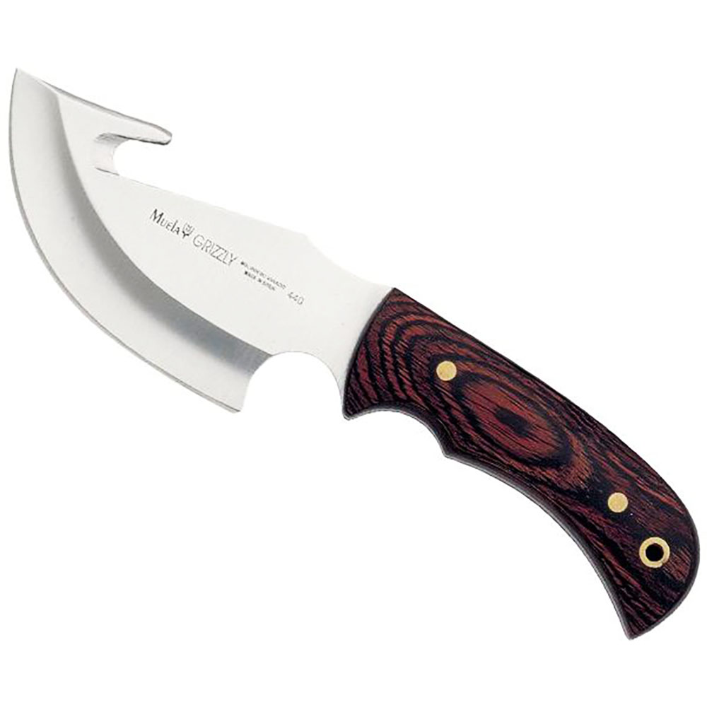 Нож-скиннер "GRIZZLY", клинок 12 см крюк, рукоять красная микарта, ножны кожа