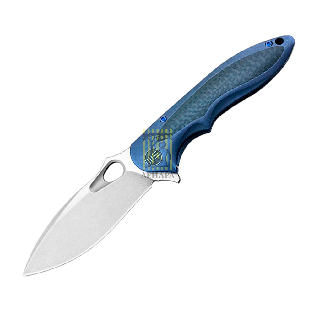 Нож складной, сталь M390, длина клинка 88,4 мм, рукоять титан/карбон файбер, цвет синий с серым, кли