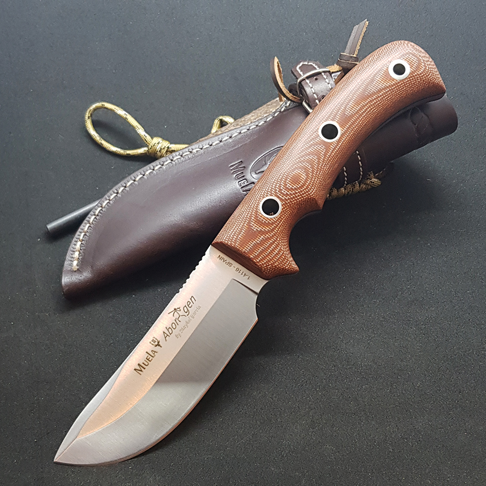 Нож "ABORIGEN" с фикс клинком длиной 12 см, рукоять бежевая микарта (canvas-micarta), ножны кожа
