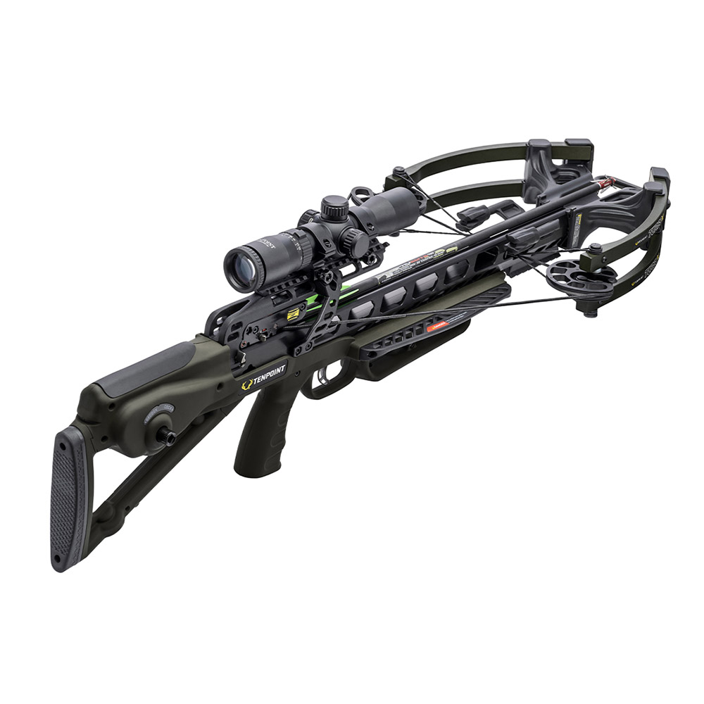 Арбалет блочный TenPoint Turbo X, скорость 415 fps (126 м/с), ширина 13"/9,5" (33/24 см),  длина 33,25" (84,5 см), вес 3 кг, комплектация прицел прицел RangeMaster 100, кивер, 3 карбоновые стрелы 3 Pro Elite 400, цвет зеленый