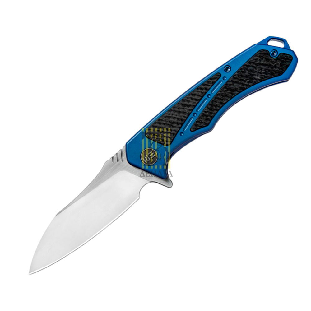 Нож складной, сталь M390, длина клинка 87,2 мм, рукоять титан/карбон файбер, цвет синий с серым, кли