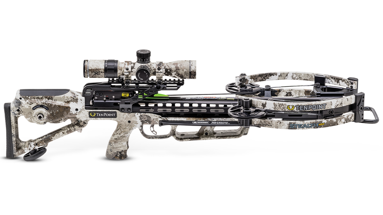 Арбалет TenPoint Stealth 450, скорость 450 ф/с (137 м/с), вес 3,4 кг, ширина плеч 11"/6,5" (28/16,5 см), раб. ход 13" (33 см), длина 84 см, цвет камо