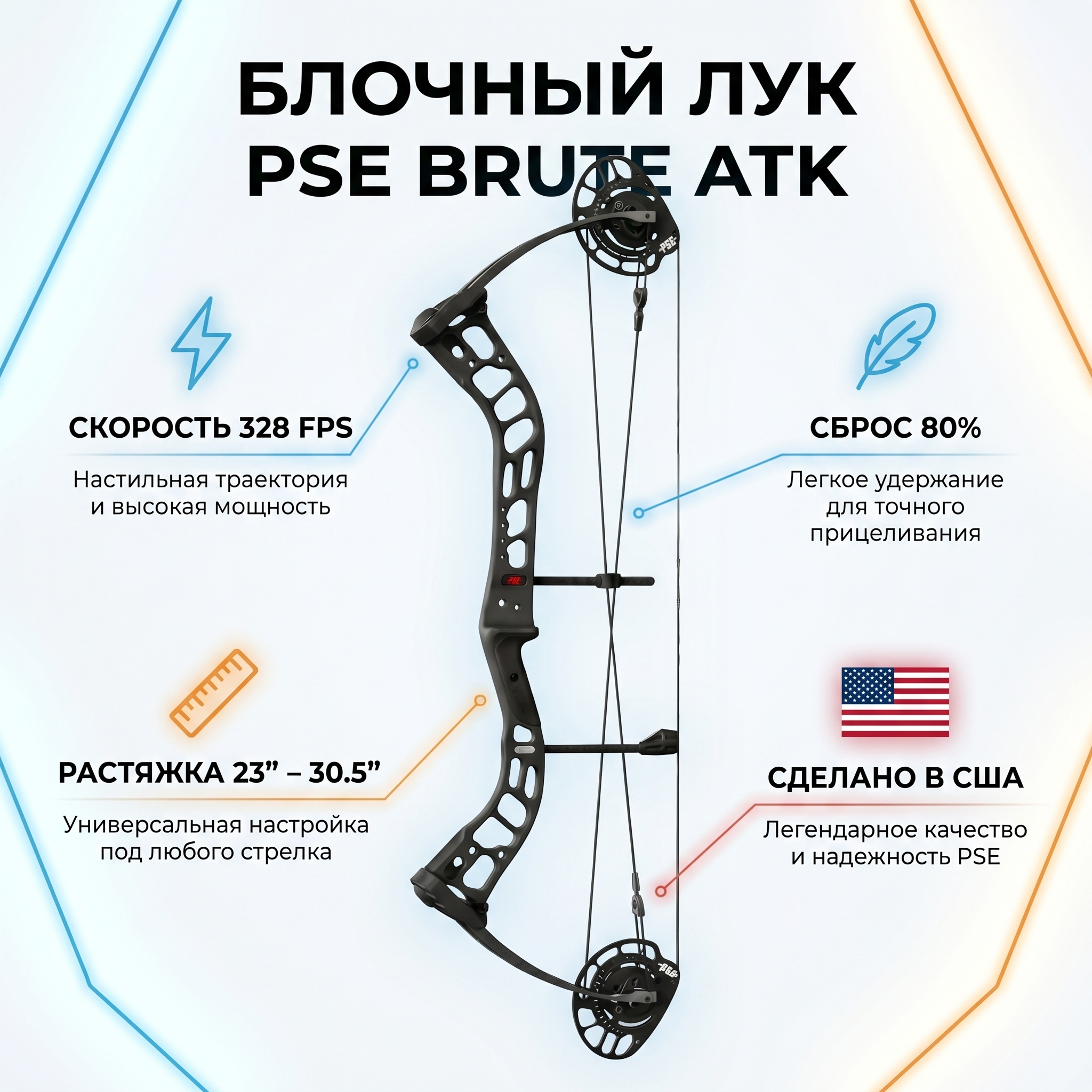 Лук блочный BRUTE ATK, начальная скорость 328 фут в сек , сила 60Lbs, расстояние м.д. осями 32", дли