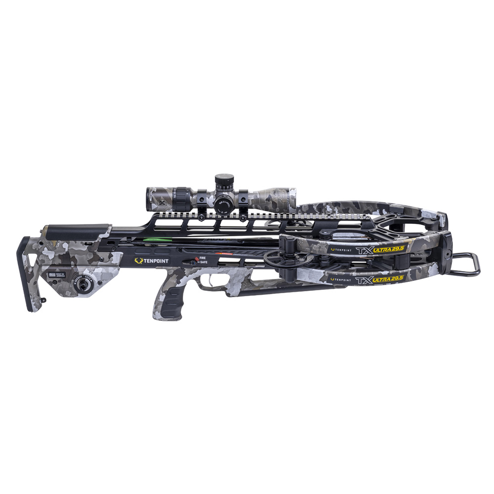 Блочный арбалет TenPoint TX Ultra 29.5, длина 29,5", ширина 11/6,5", ход тетивы 13,5", вес 8 фунтов, скорость 460 fps, камуфляж