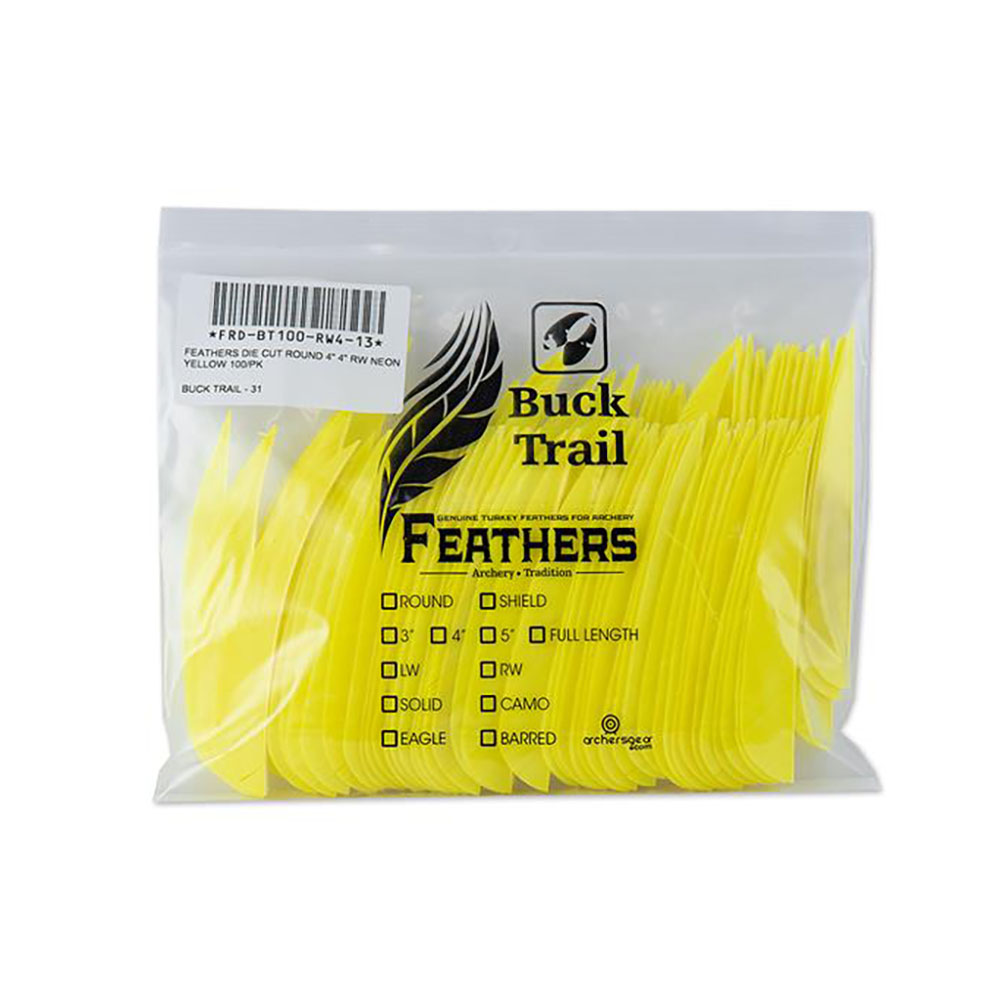 Оперение натуральное для стрел, форма Round, размер 4", цвет неоново-желтый, производитель Buck Trai