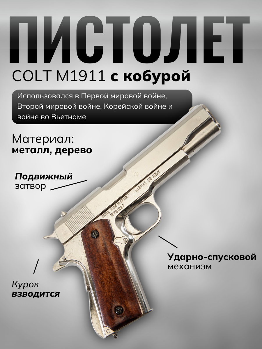 Пистолет автоматический M1911A1, .45 калибра, никелерованный, накладки из дерева, США, 1911 (1-я и 2