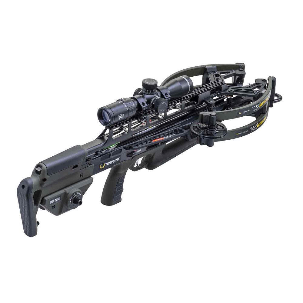 Блочный арбалет TenPoint TX Ultra 29.5, длина 29,5", ширина 11/6,5", ход тетивы 13,5", вес 8 фунтов, скорость 460 fps, цвет зеленый