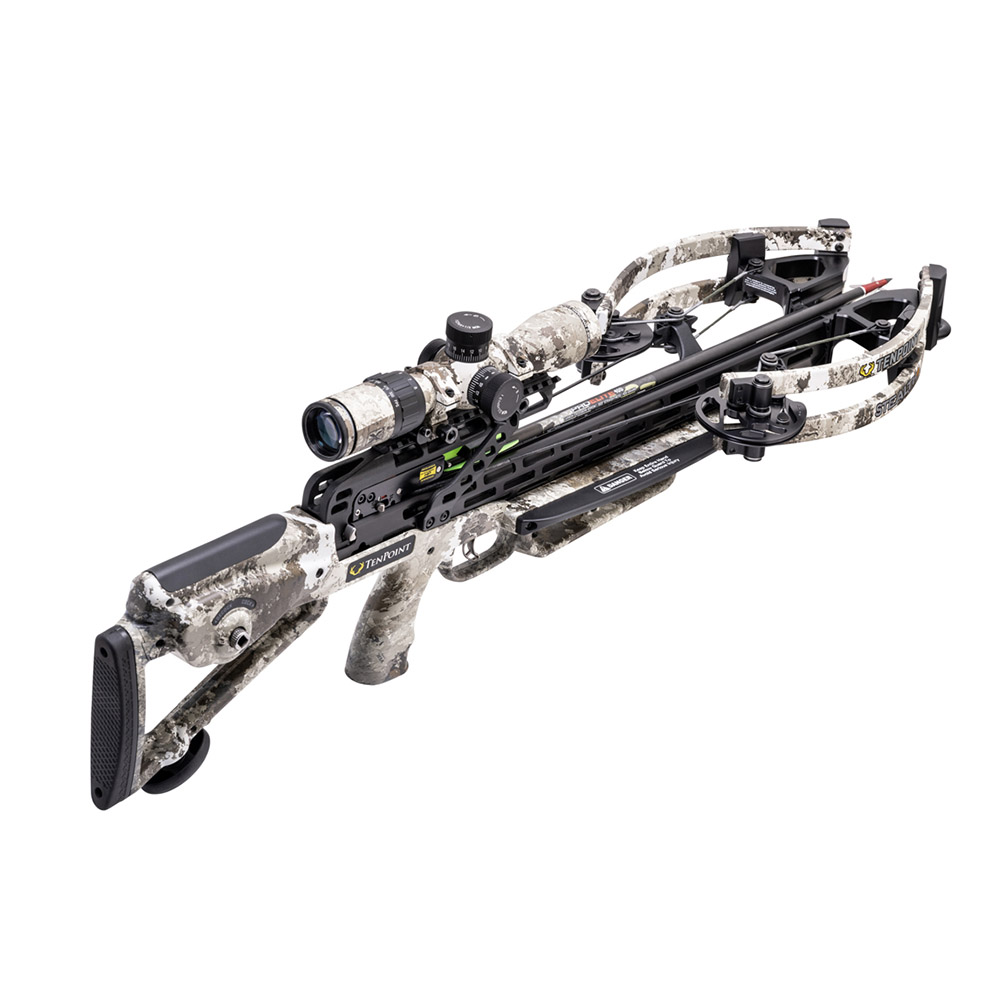 Арбалет TenPoint Stealth 450, скорость 450 ф/с (137 м/с), вес 3,4 кг, ширина плеч 11"/6,5" (28/16,5 см), раб. ход 13" (33 см), длина 84 см, цвет камо