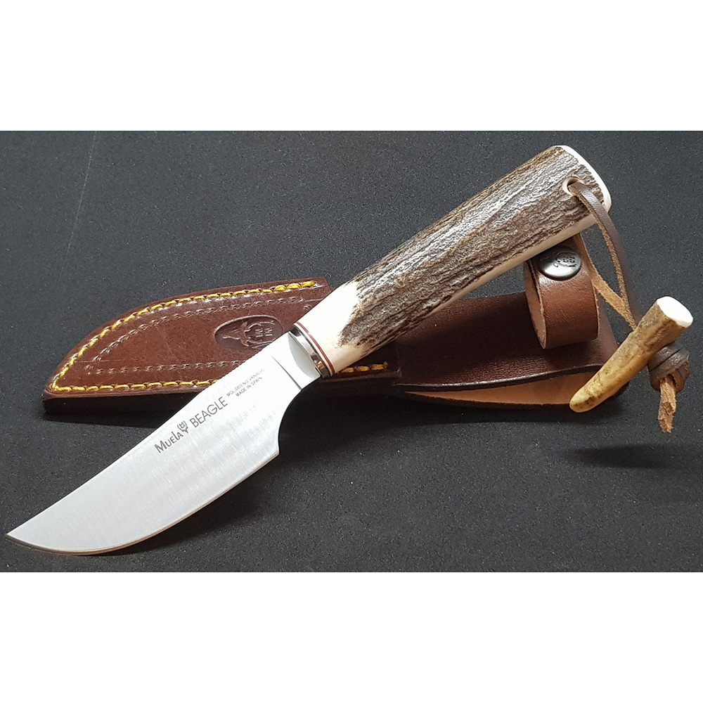 Нож "BEAGLE" с фикс клинком длиной 11см, рукоять рог оленя, ножны кожа